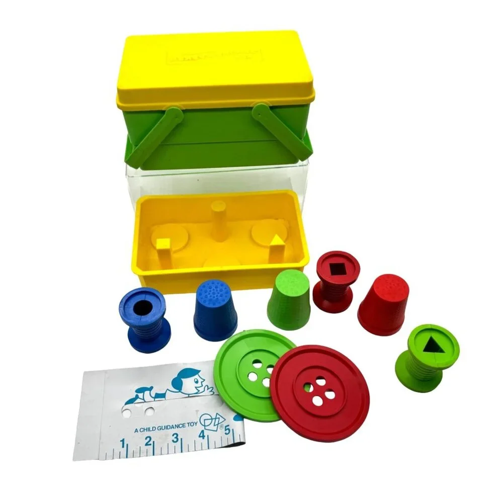 Vintage A Child Guidance Toy Sewing Basket Shape Sorter Box With Colorful Pieces